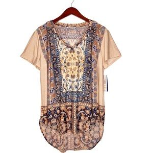 Nygard NWT Batik Print V Neck Tunic Top Size Medium in Pale Pink Batik